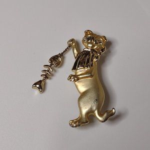 Very Cute Happy Cat With Dangling Fish Bones Brooch